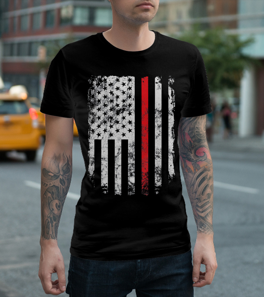 Thin Red Line American Flag Fireman Firefighter T-Shirt