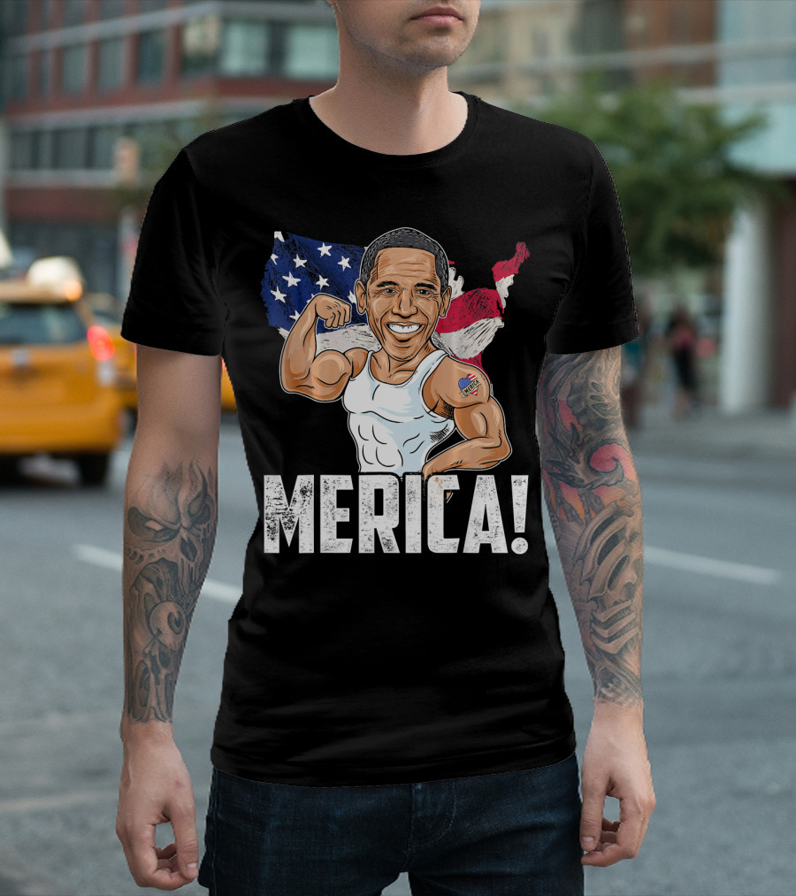Barack Obama Muscles Merica Patriotic 4th of July USA Flag T-Shirt