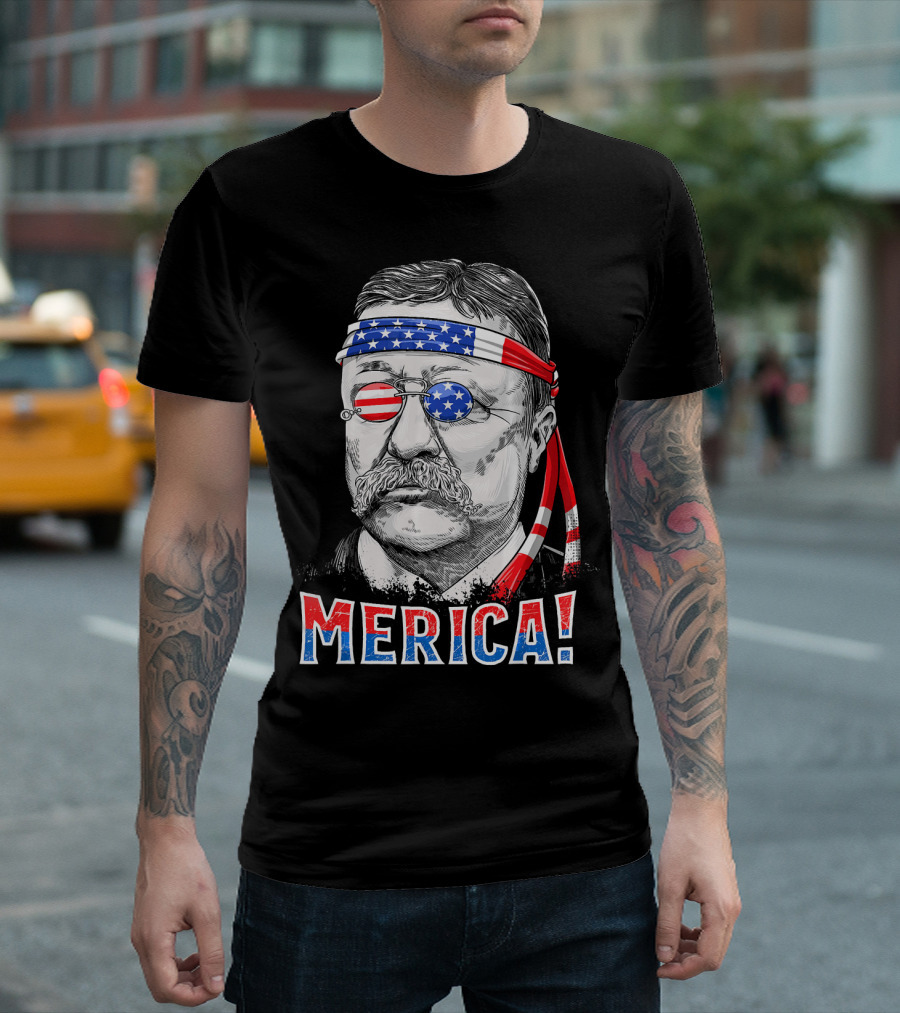 Theodore Roosevelt Merica 4th of July USA Flag Bandana Sunglasses T-Shirt