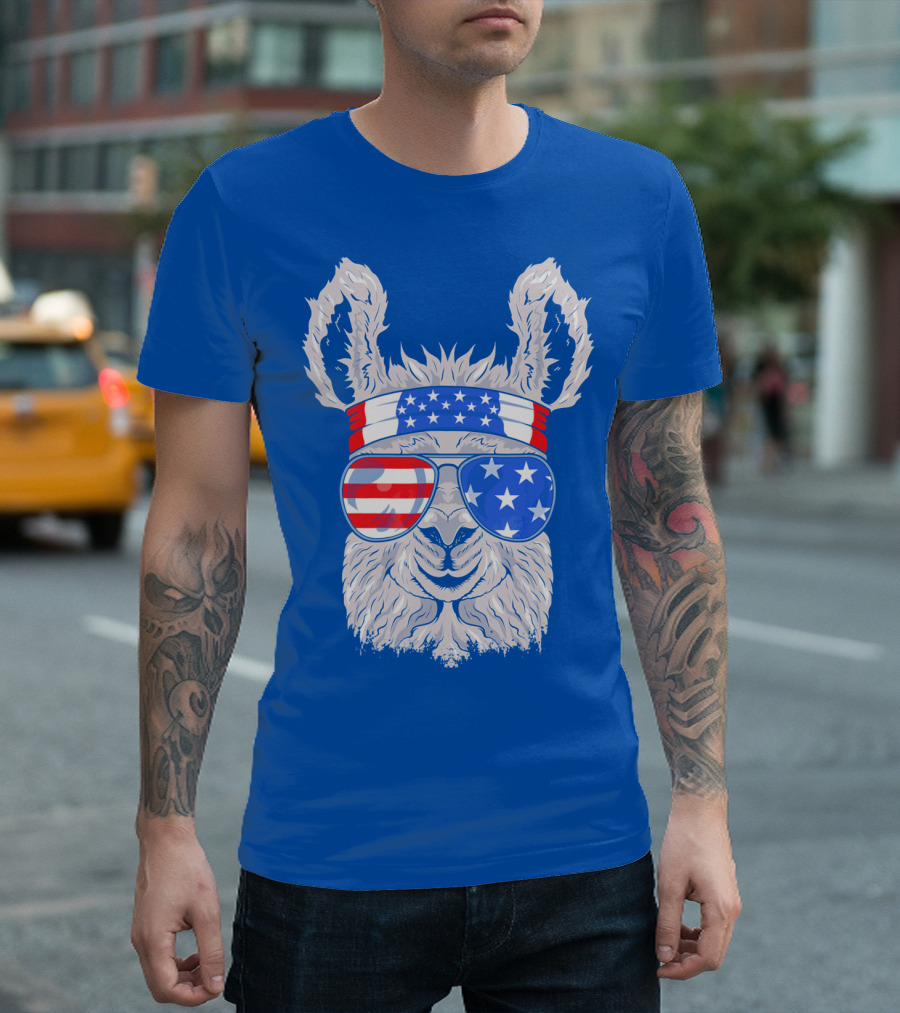 Patriotic Llama With American Flag Sunglasses And Headband For USA Independence Day T-Shirt