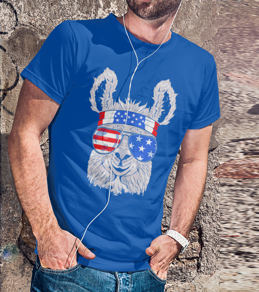 Patriotic Llama With American Flag Sunglasses And Headband For USA Independence Day T-Shirt