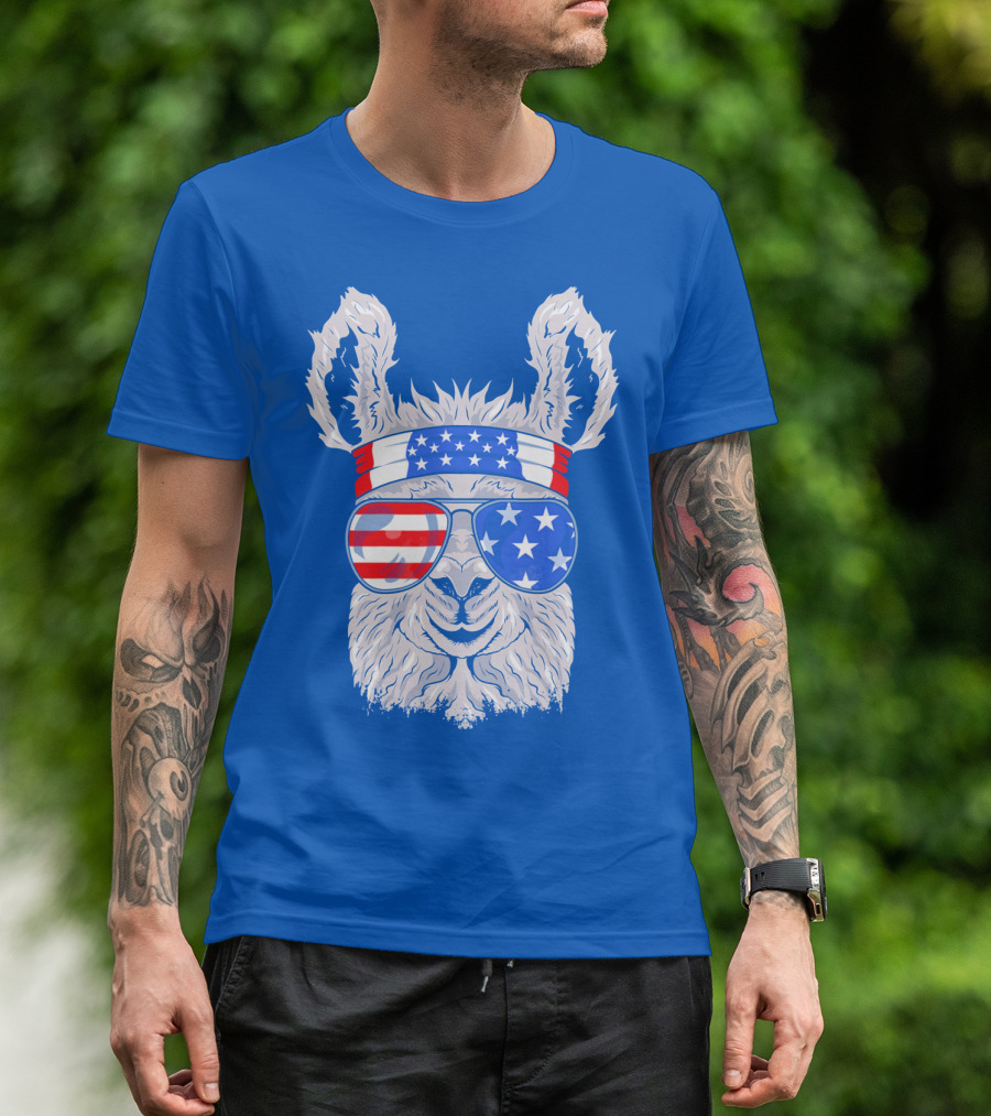 Patriotic Llama With American Flag Sunglasses And Headband For USA Independence Day T-Shirt