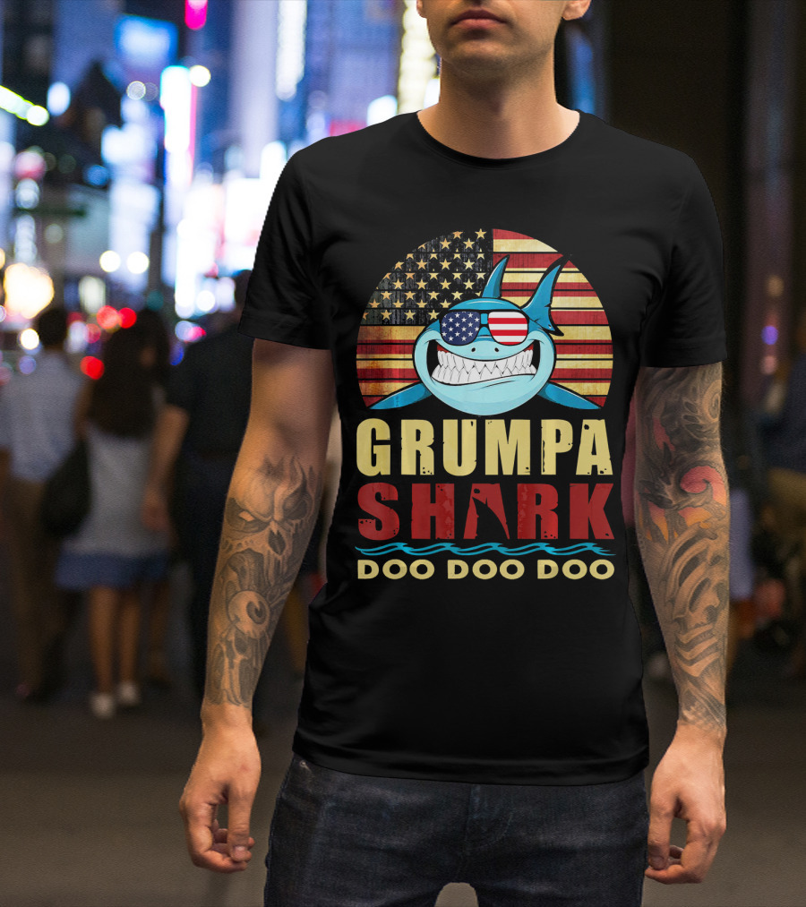 Grumpa Shark Doo Doo Doo American Flag T-Shirt
