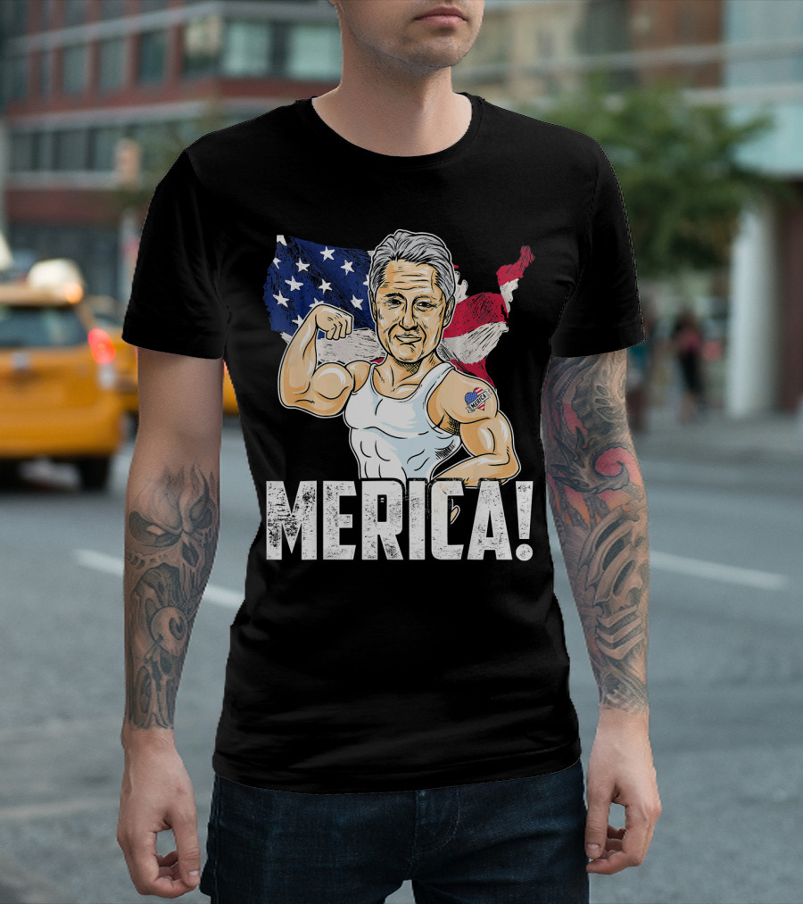 President Bill Clinton Flexing Merica 4th of July USA Map T-Shirt
