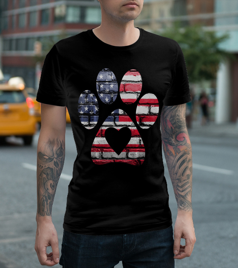 Patriotic Dog Paw with American Flag Heart T-Shirt