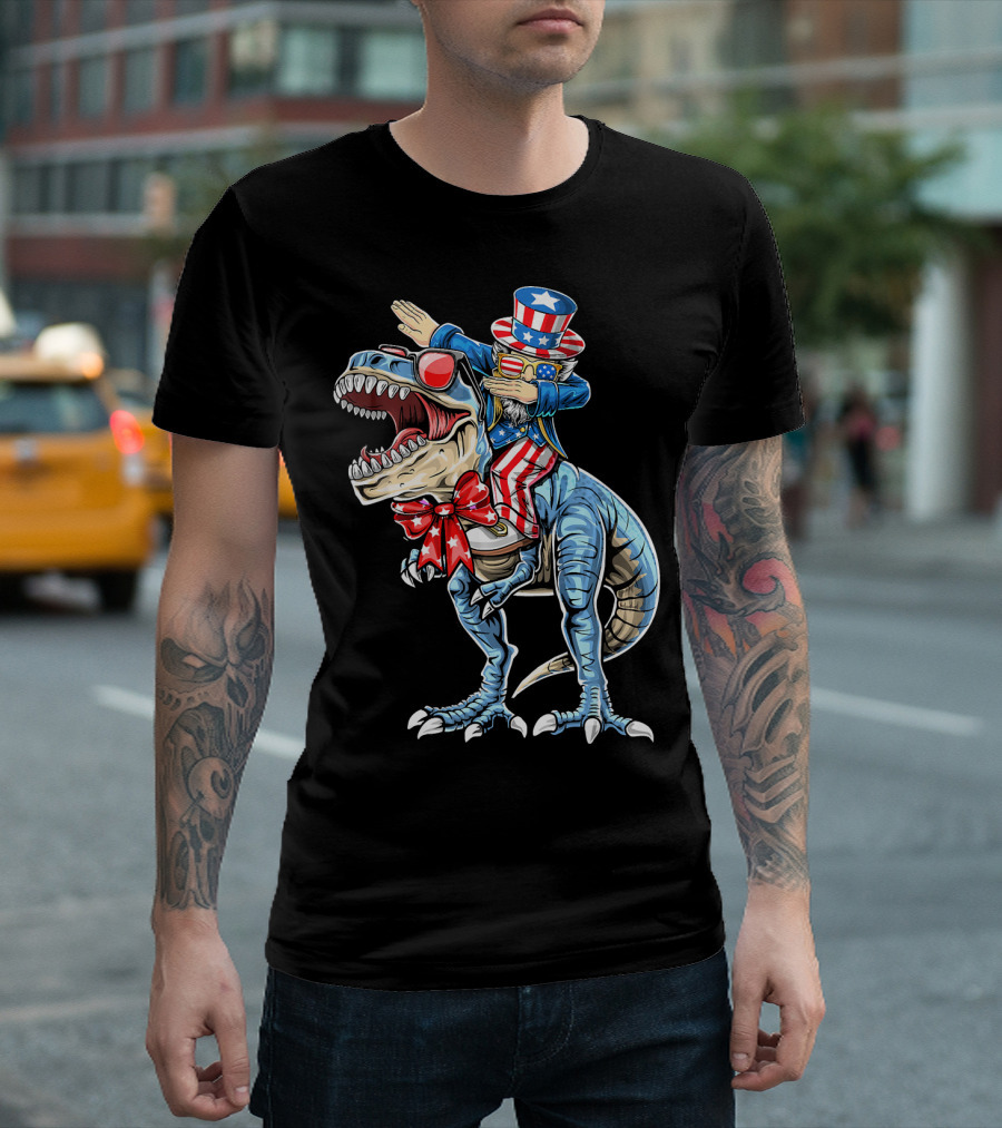 Dabbing Uncle Sam On Dinosaur With Patriotic Stars And Stripes Hat And Sunglasses T-Shirt