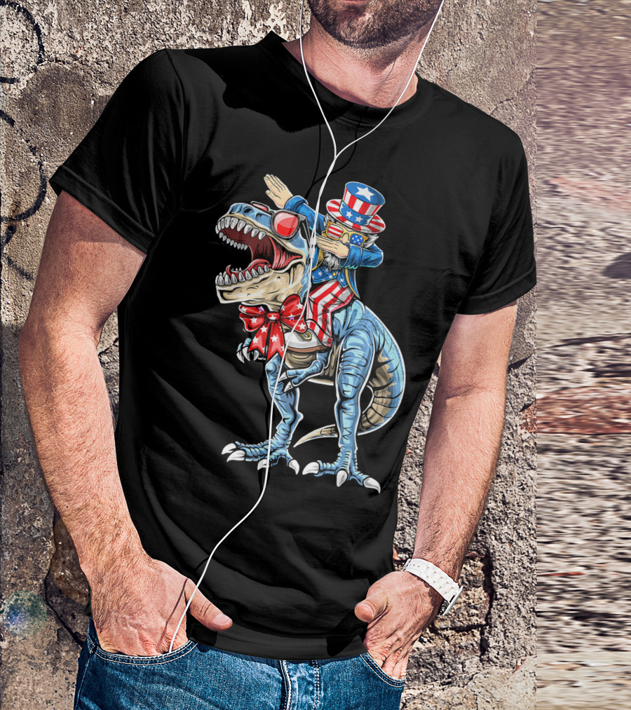 Dabbing Uncle Sam On Dinosaur With Patriotic Stars And Stripes Hat And Sunglasses T-Shirt