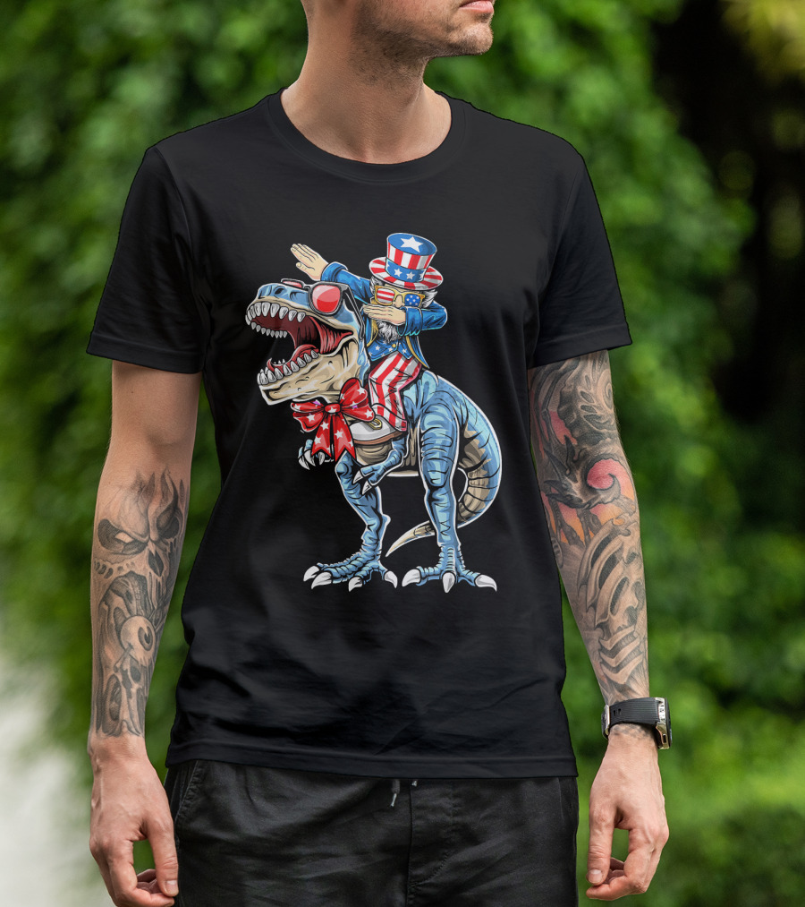 Dabbing Uncle Sam On Dinosaur With Patriotic Stars And Stripes Hat And Sunglasses T-Shirt