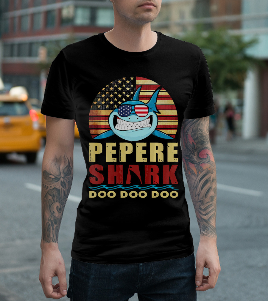 Pepere Shark American Flag Doo Doo Doo T-Shirt