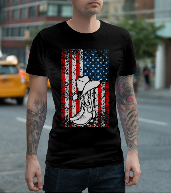 Cowboy Hat Boots American Flag Patriotic T-Shirt