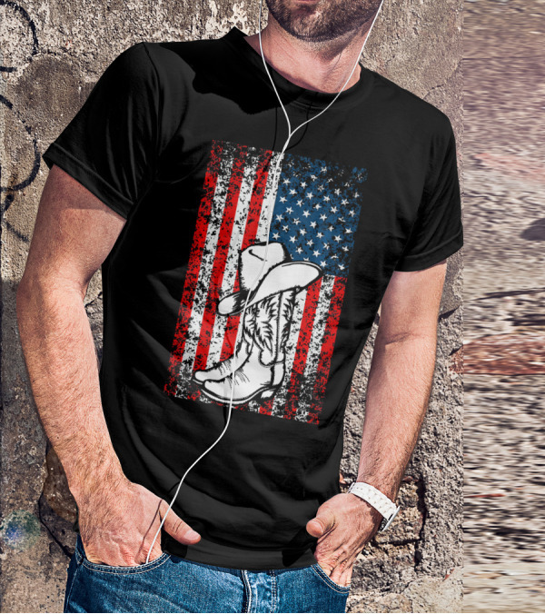Cowboy Hat Boots American Flag Patriotic T-Shirt