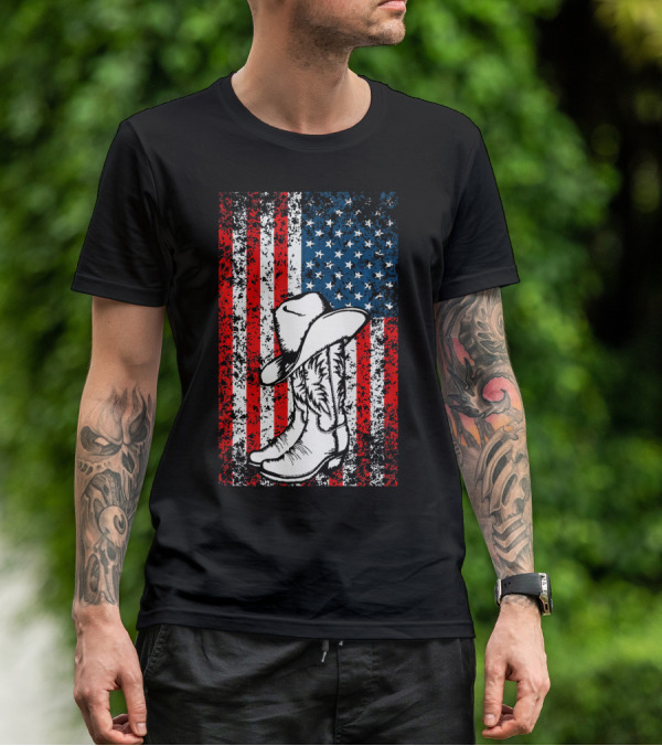 Cowboy Hat Boots American Flag Patriotic T-Shirt