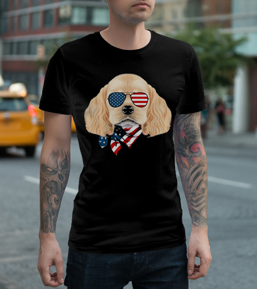 Cocker Spaniel Wearing American Flag Sunglasses And Bandana Patriotic T-Shirt