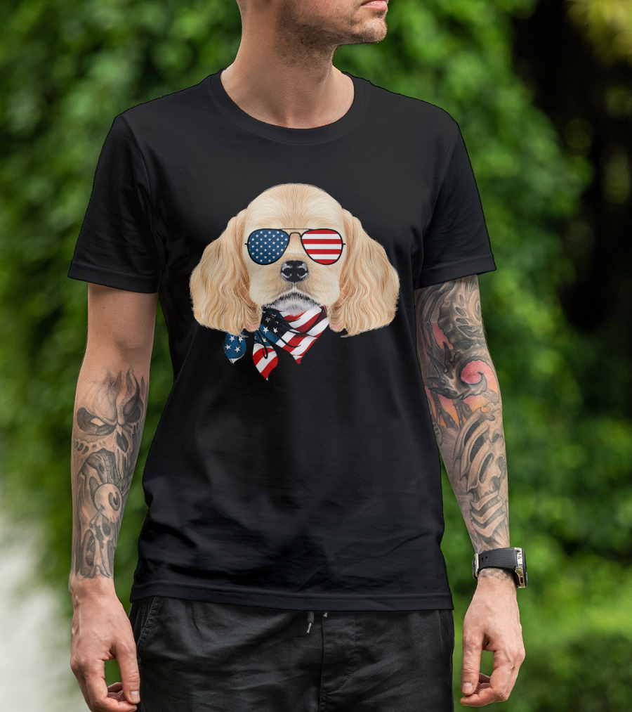 Cocker Spaniel Wearing American Flag Sunglasses And Bandana Patriotic T-Shirt