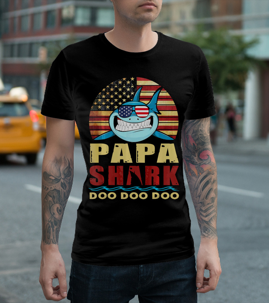 Papa Shark American Flag Doo Doo Doo T-Shirt