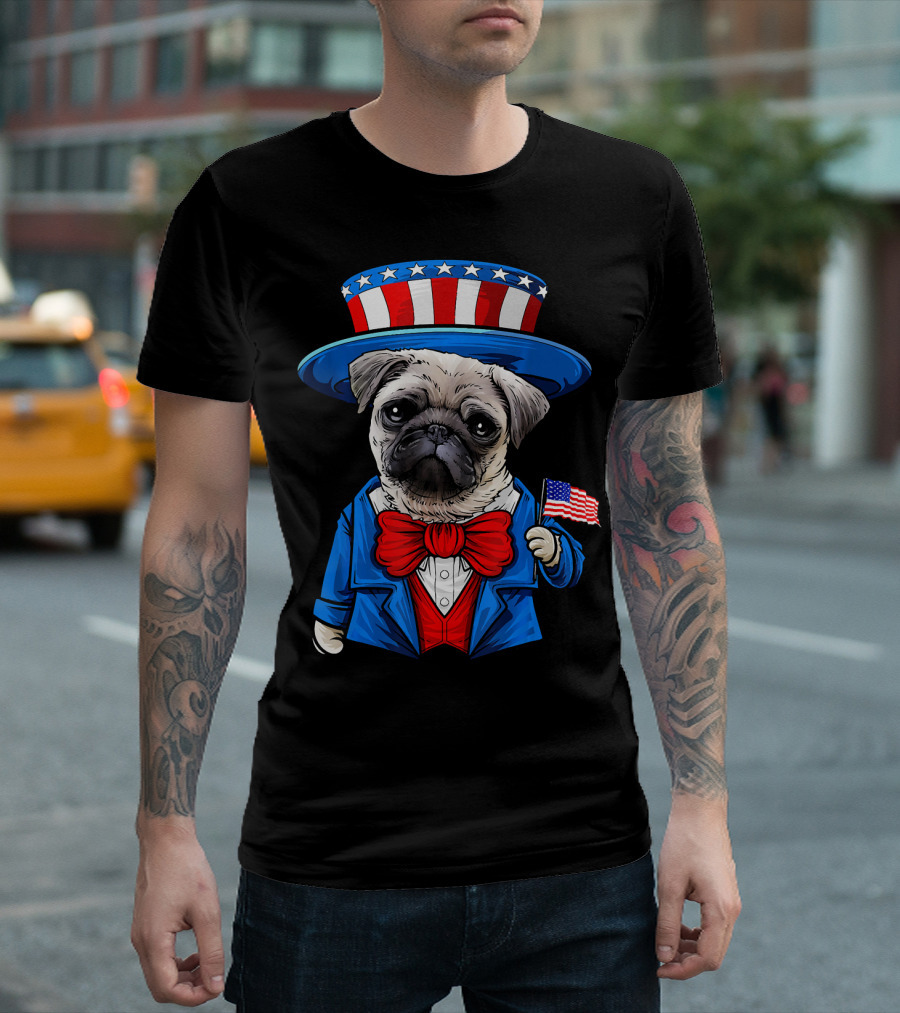 Uncle Sam Pug Holding American Flag Fourth of July Dog Humor T-Shirt
