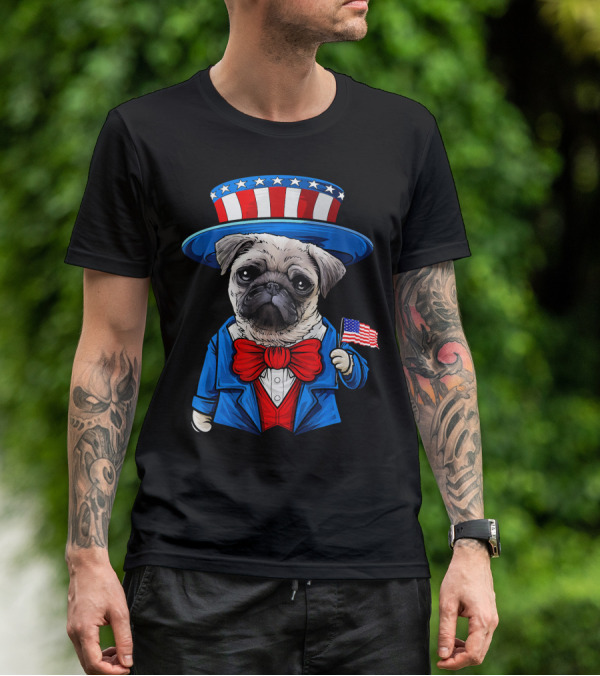 Uncle Sam Pug Holding American Flag Fourth Of July Dog Humor T-Shirt