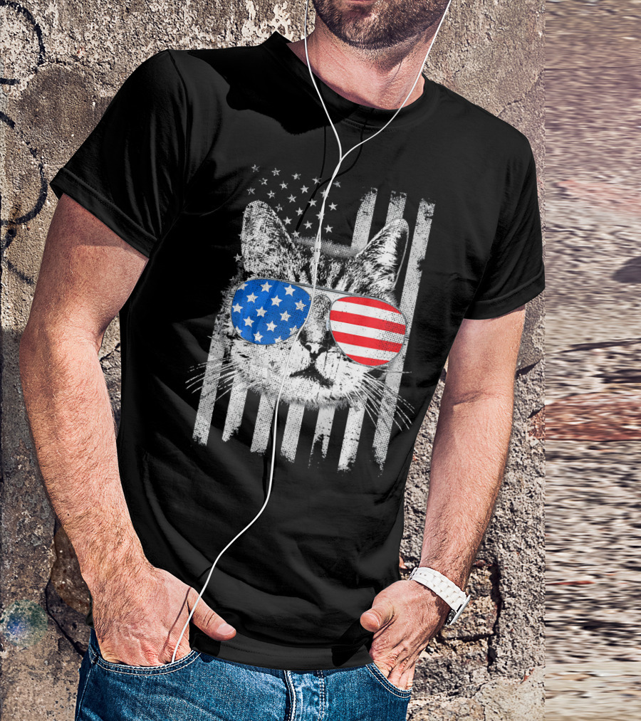4th Of July Cat Meowica American Flag Sunglasses USA Patriotic Cat T-Shirt