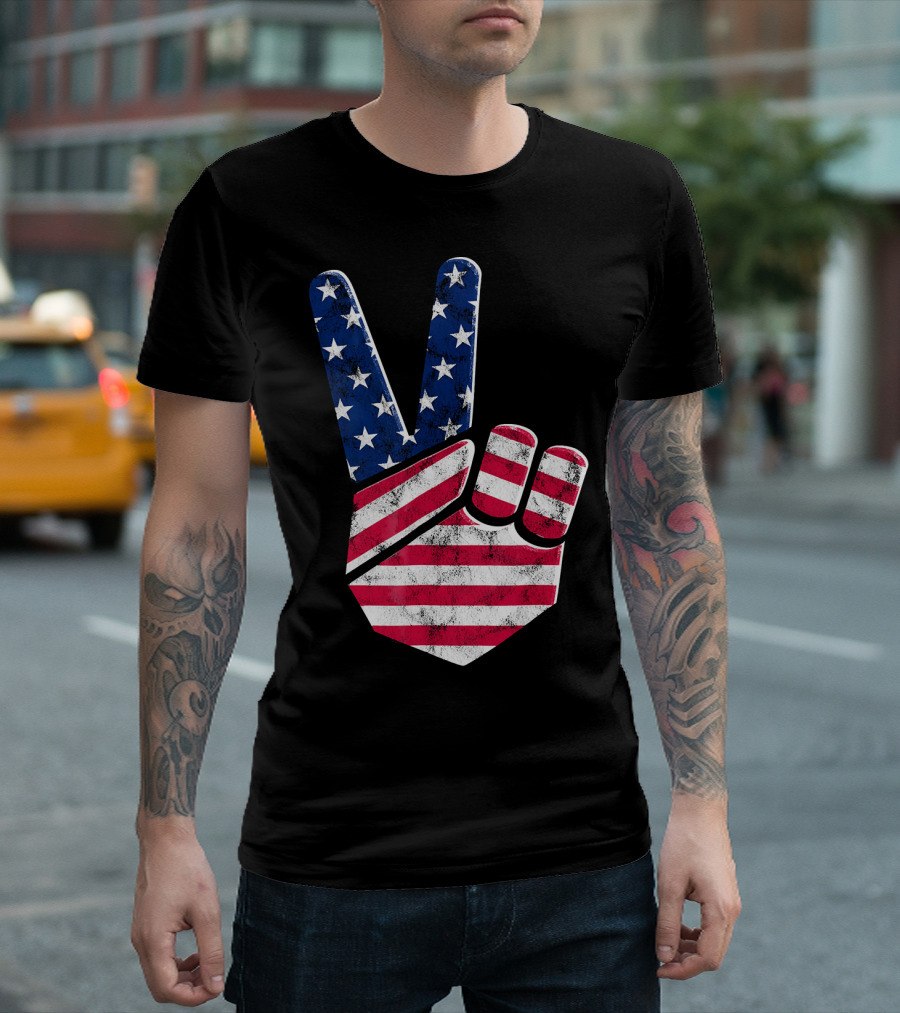 Big Peace Sign American Flag Stars and Stripes 4th of July T-Shirt
