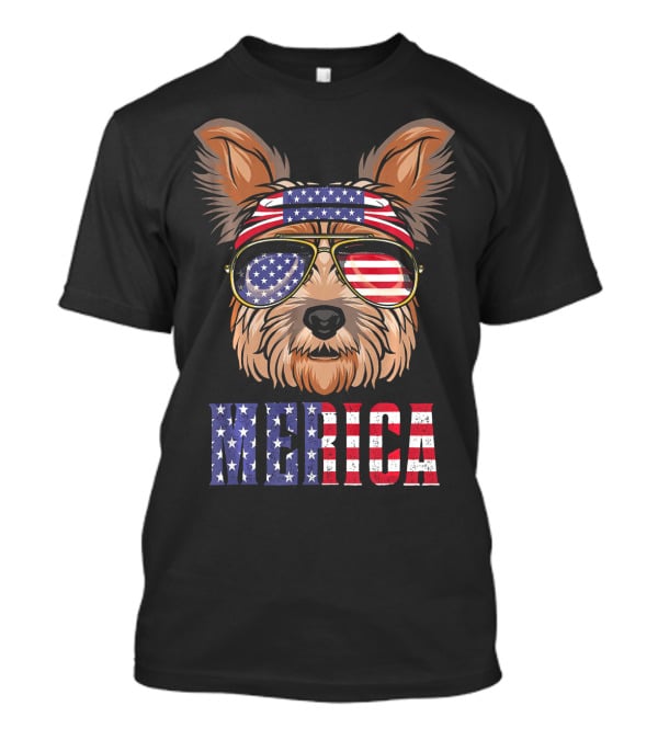 Yorkie Dog Merica American Flag Sunglasses Bandana T-Shirt