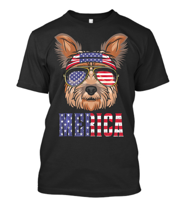 Yorkie Dog Merica American Flag Sunglasses Bandana T-Shirt
