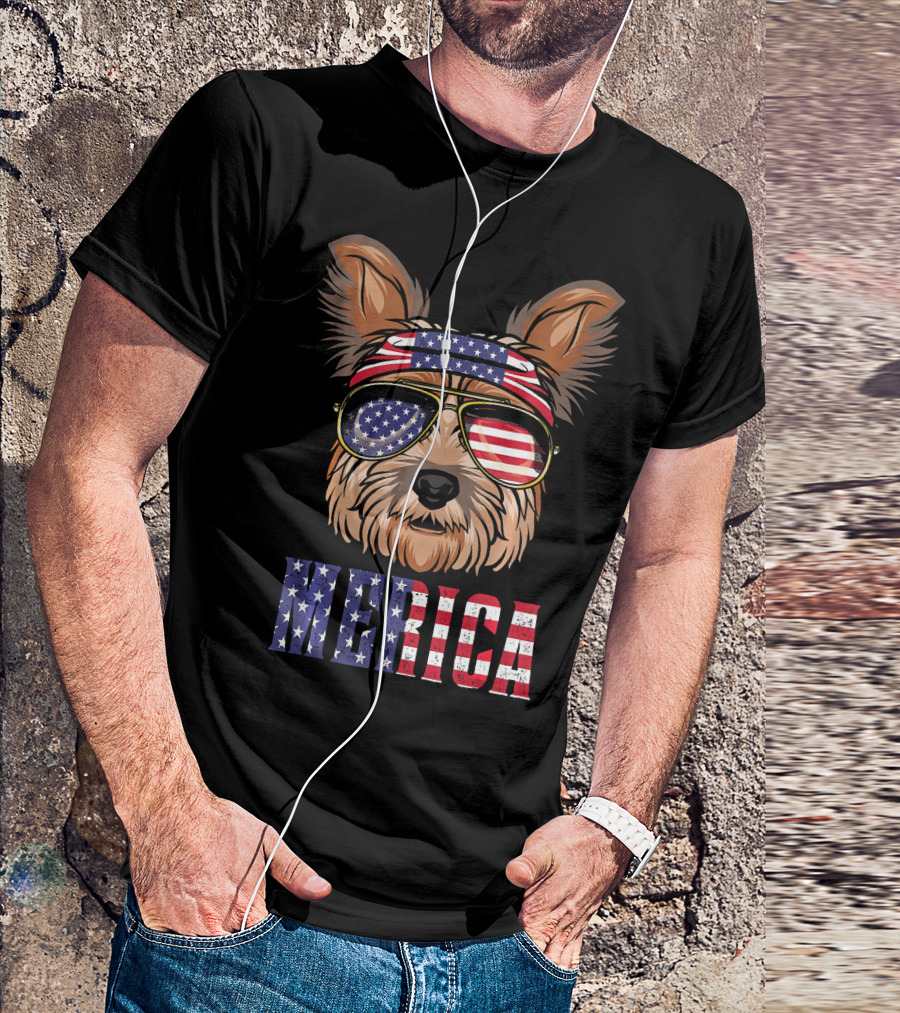 Yorkie Dog Merica American Flag Sunglasses Bandana T-Shirt