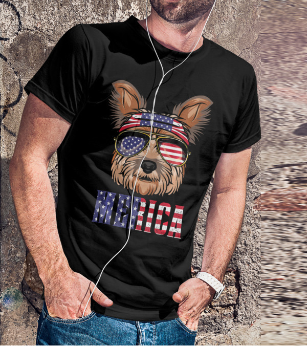 Yorkie Dog Merica American Flag Sunglasses Bandana T-Shirt