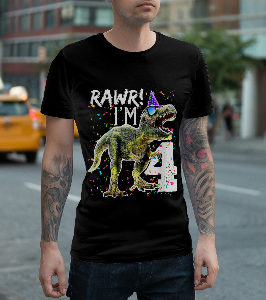 Rawr I'm 4 Dinosaur Birthday Party Hat Confetti T-Shirt