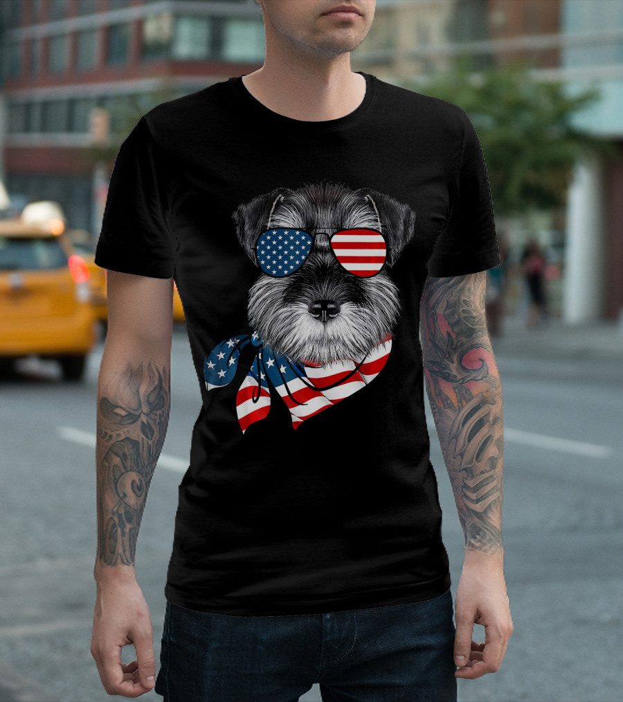 Schnauzer with American Flag Sunglasses and Scarf Patriotic T-Shirt