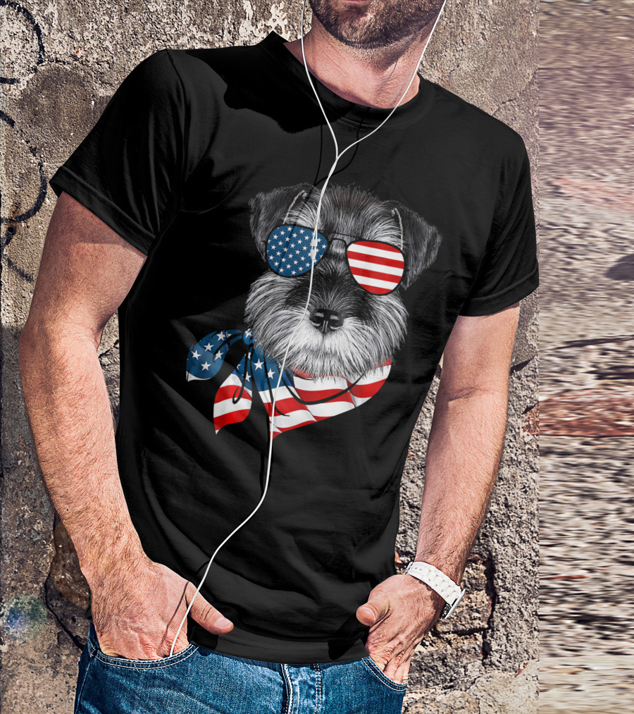 Schnauzer With American Flag Sunglasses And Scarf Patriotic T-Shirt