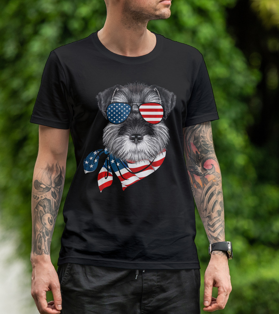 Schnauzer With American Flag Sunglasses And Scarf Patriotic T-Shirt