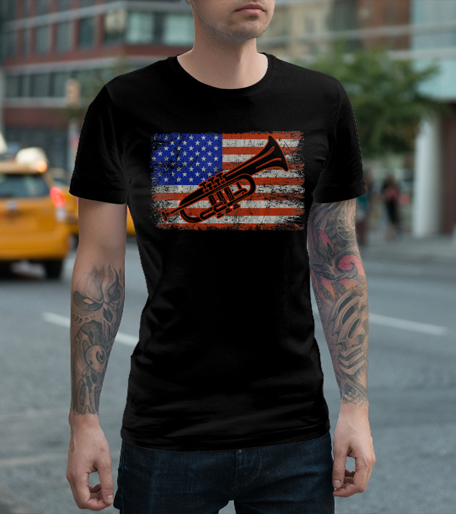 Trumpet American Flag USA Patriotic T-Shirt