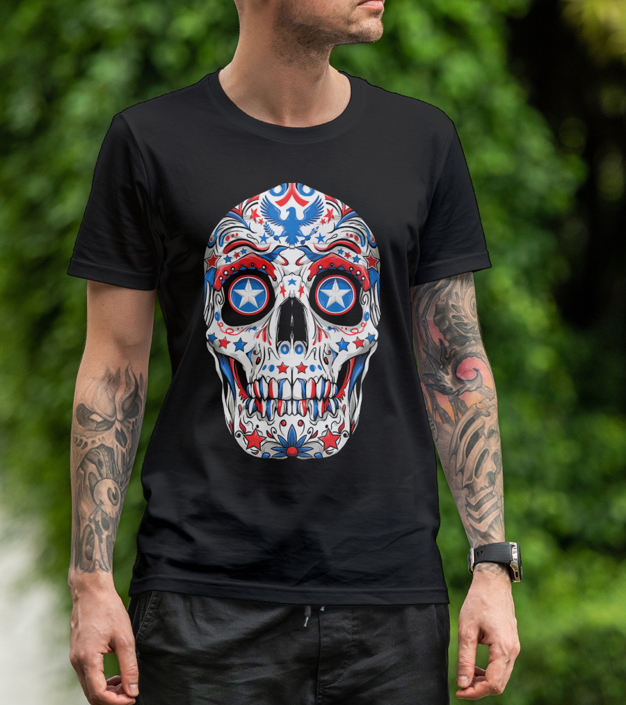 Sugar Skull 4th Of July Women Me American Flag Stars Eagle T-Shirt