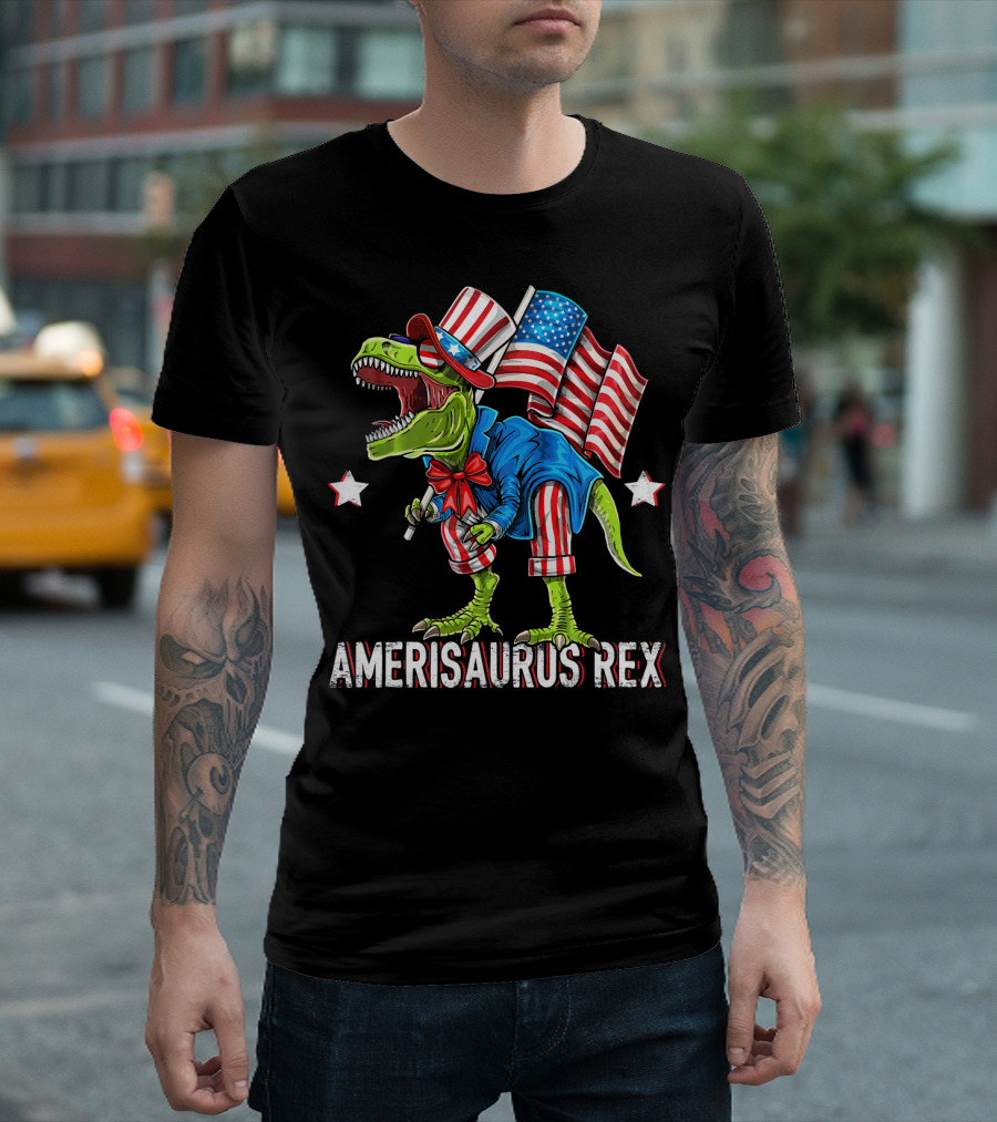 Amerisaurus Rex Dinosaur Uncle Sam Costume Fourth of July Patriotic T-Rex T-Shirt