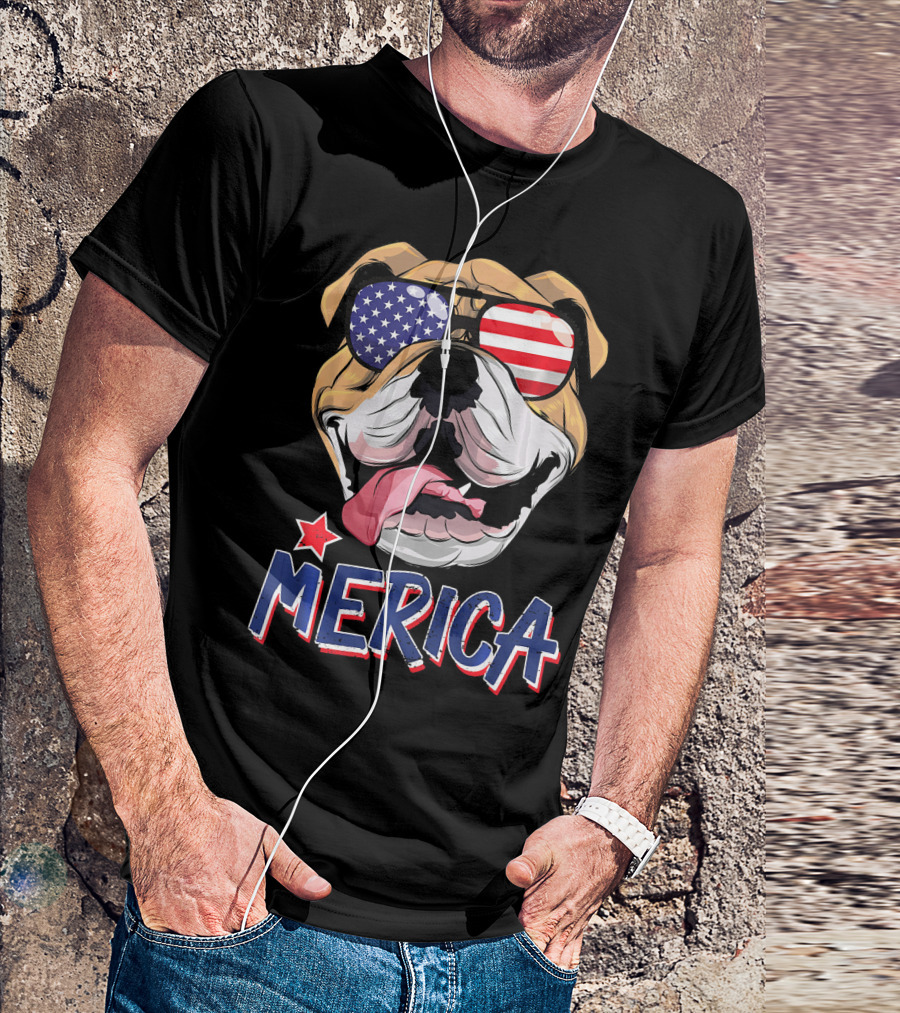 English Bulldog Merica Sunglasses Fourth Of July T-Shirt