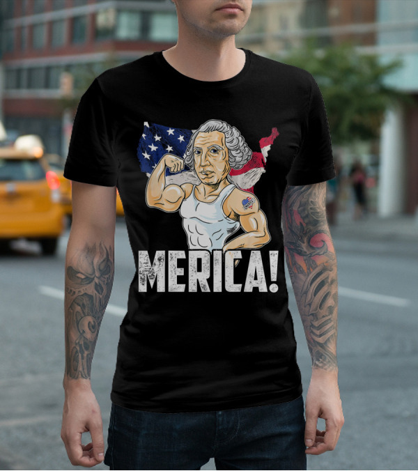 George Washington Muscles Merica USA Flag Background T-Shirt