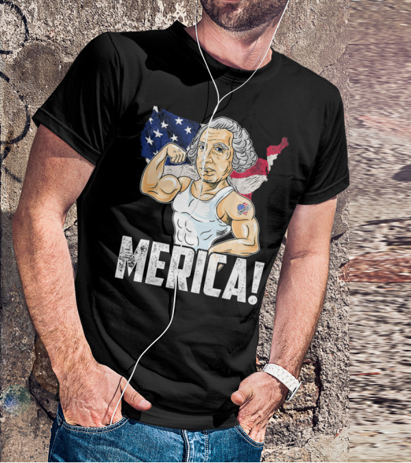 George Washington Muscles Merica USA Flag Background T-Shirt