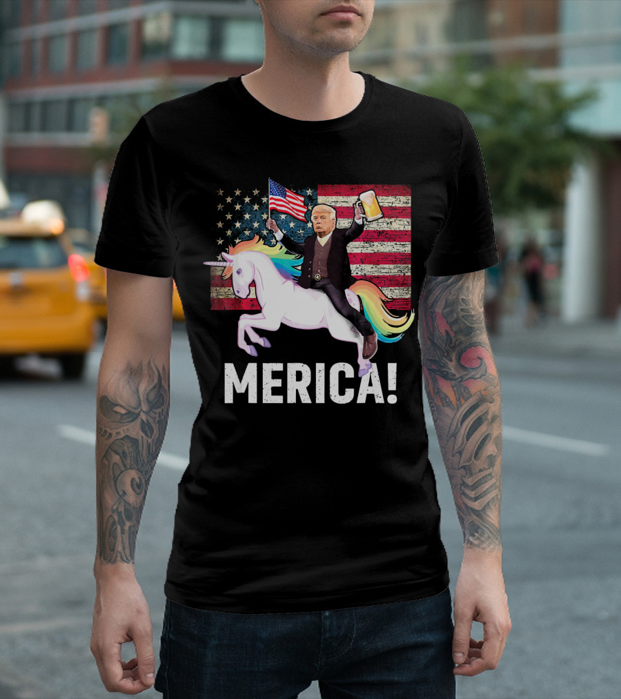 Trump Riding Unicorn American Flag Merica 4th of July T-Shirt