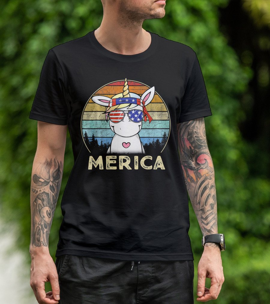 Merica Unicorn 4th Of July With American Flag Glasses And Bandana T-Shirt
