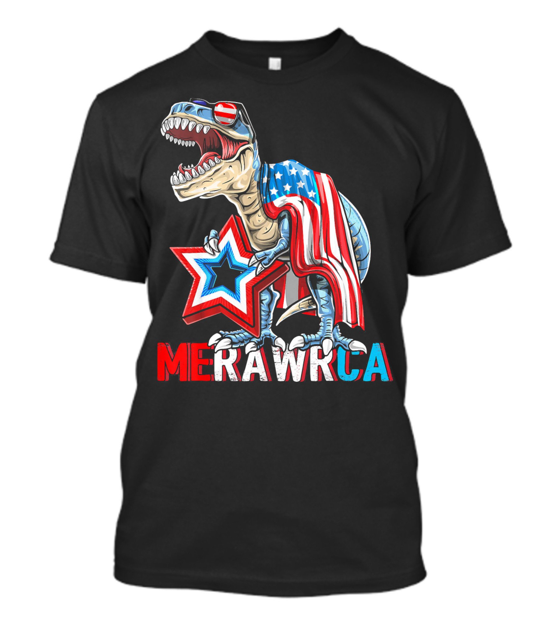 MERICA Rex Dinosaur 4th Of July Americ USA Flag Star Stripes RAWR Patriotic T-Shirt