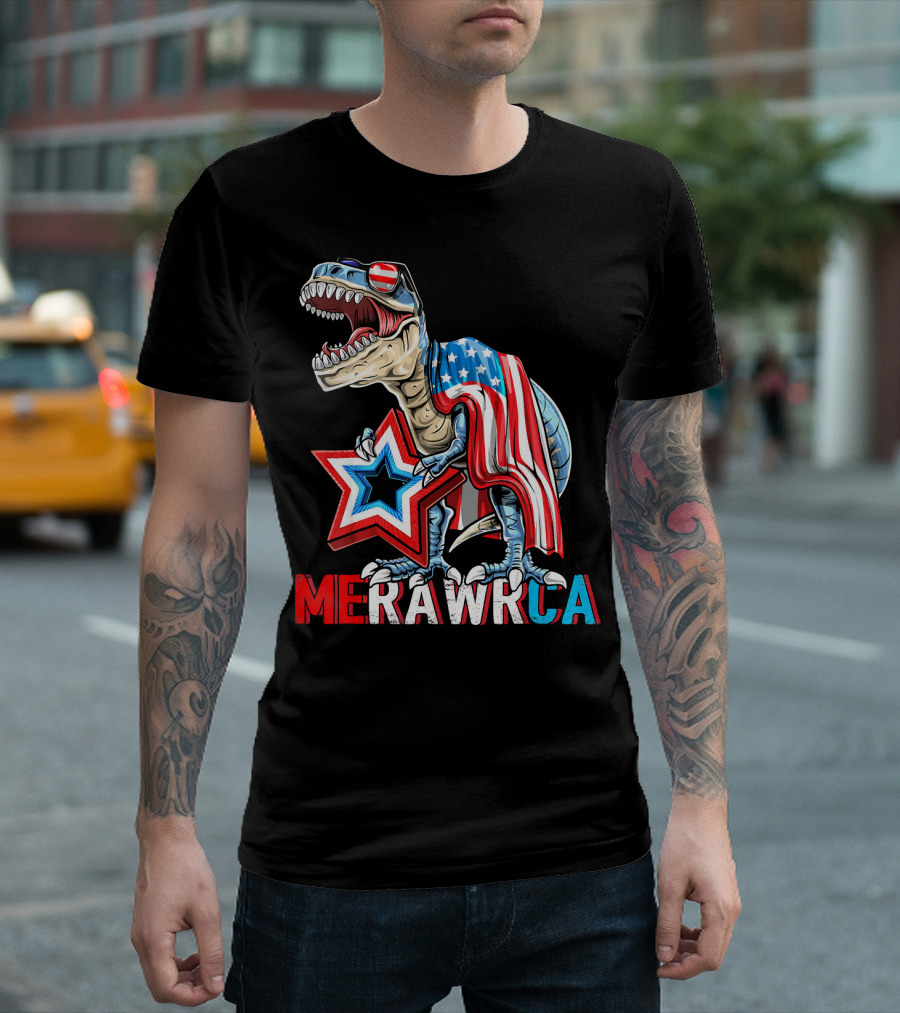 MERICA Rex Dinosaur 4th Of July Americ USA Flag Star Stripes RAWR Patriotic T-Shirt
