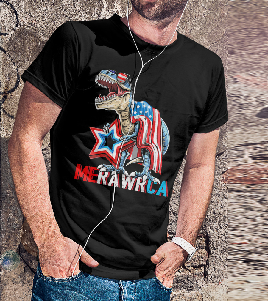 MERICA Rex Dinosaur 4th Of July Americ USA Flag Star Stripes RAWR Patriotic T-Shirt
