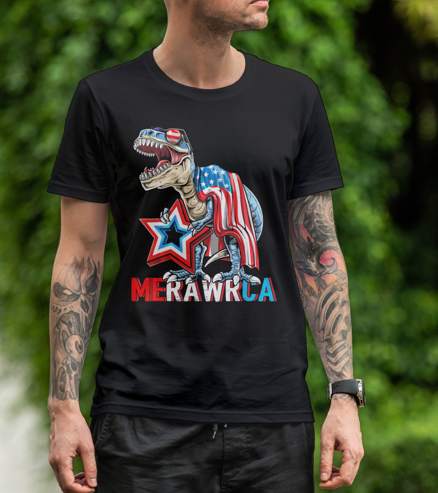 MERICA Rex Dinosaur 4th Of July Americ USA Flag Star Stripes RAWR Patriotic T-Shirt