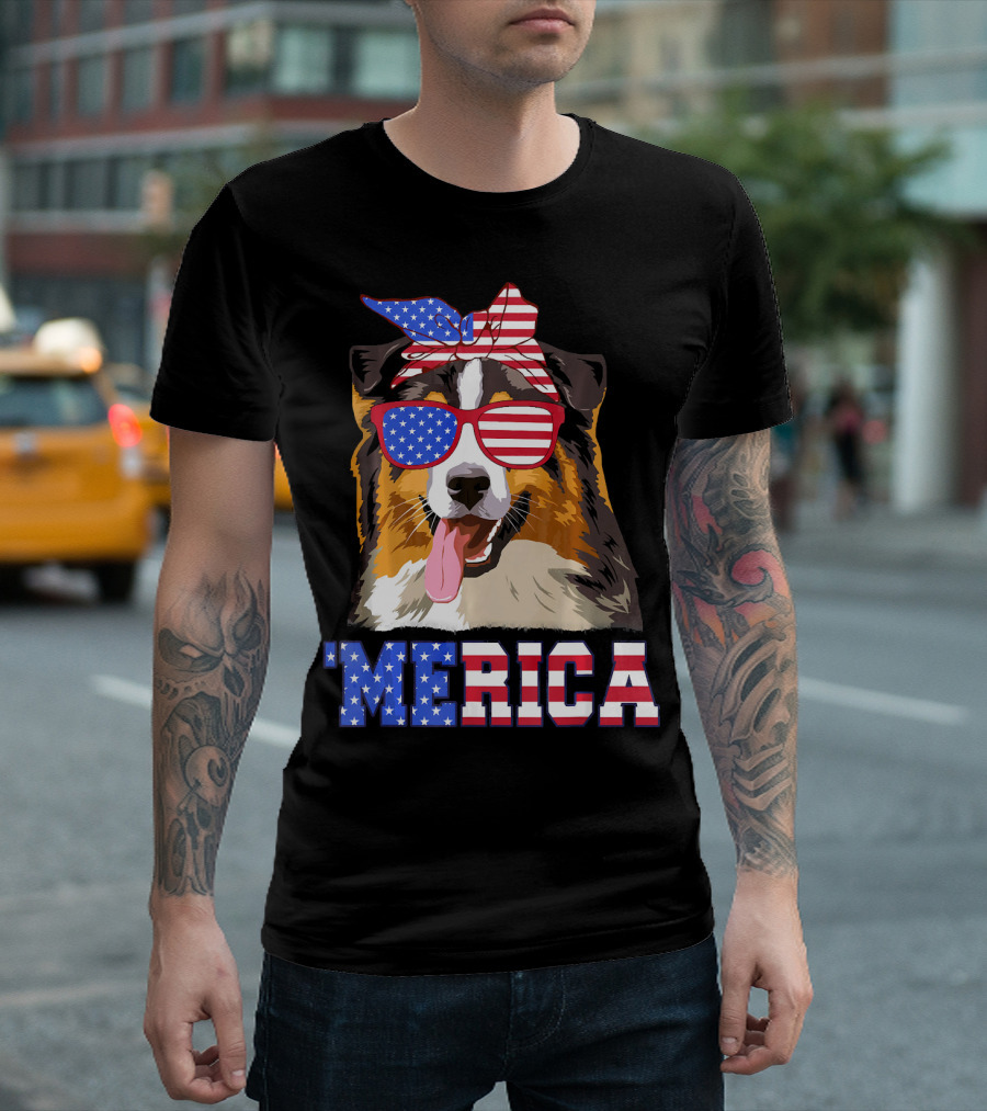 Aussie Dog Mom 'Merica American Flag Sunglasses and Bandana T-Shirt