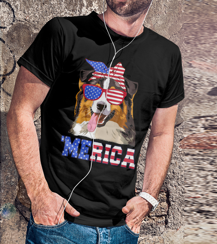 Aussie Dog Mom 'Merica American Flag Sunglasses And Bandana T-Shirt
