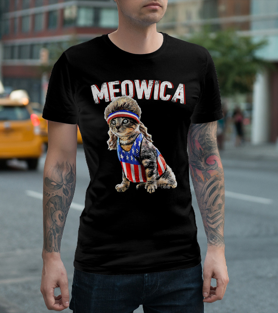 Meowica Cat Mullet American Flag Headband Stars and Stripes Tank Top T-Shirt