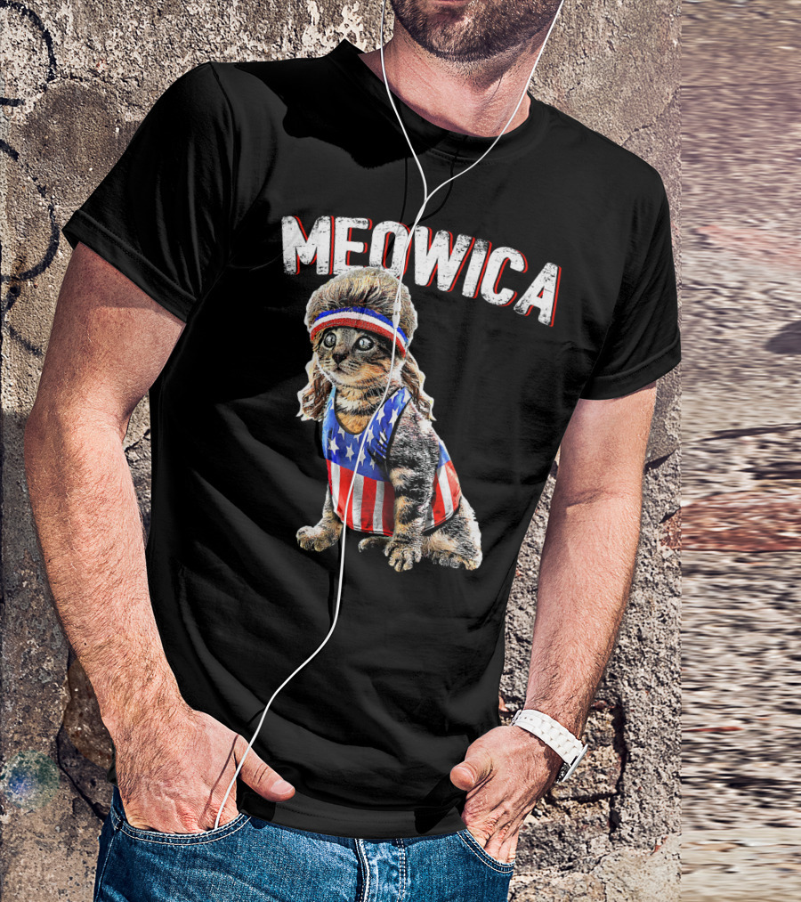 Meowica Cat Mullet American Flag Headband Stars And Stripes Tank Top T-Shirt