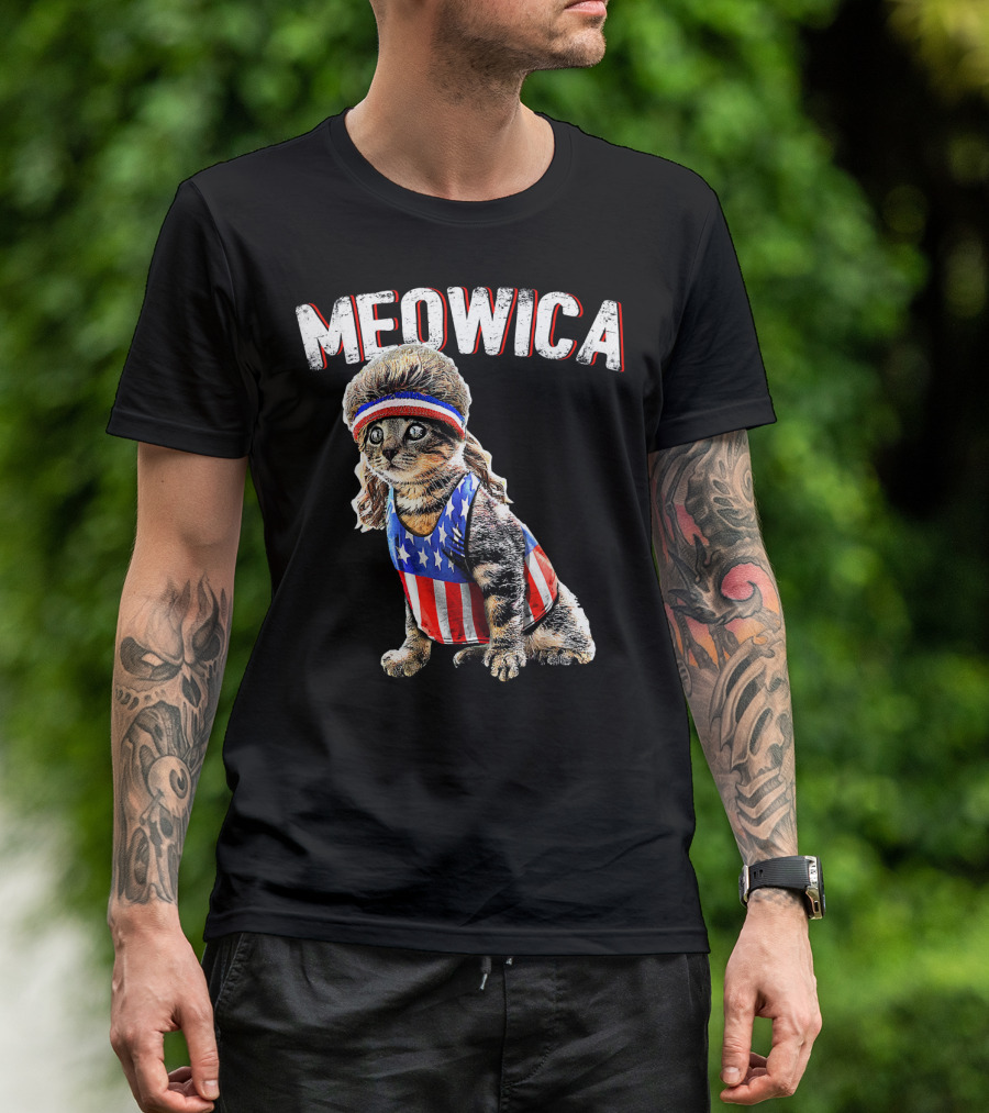 Meowica Cat Mullet American Flag Headband Stars And Stripes Tank Top T-Shirt