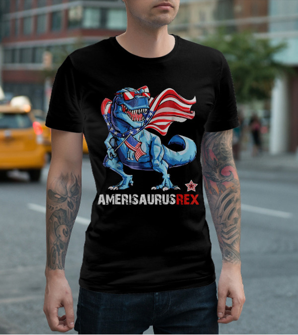 Amerisaurus Rex Patriotic Dinosaur With USA Flag And Stars T-Shirt
