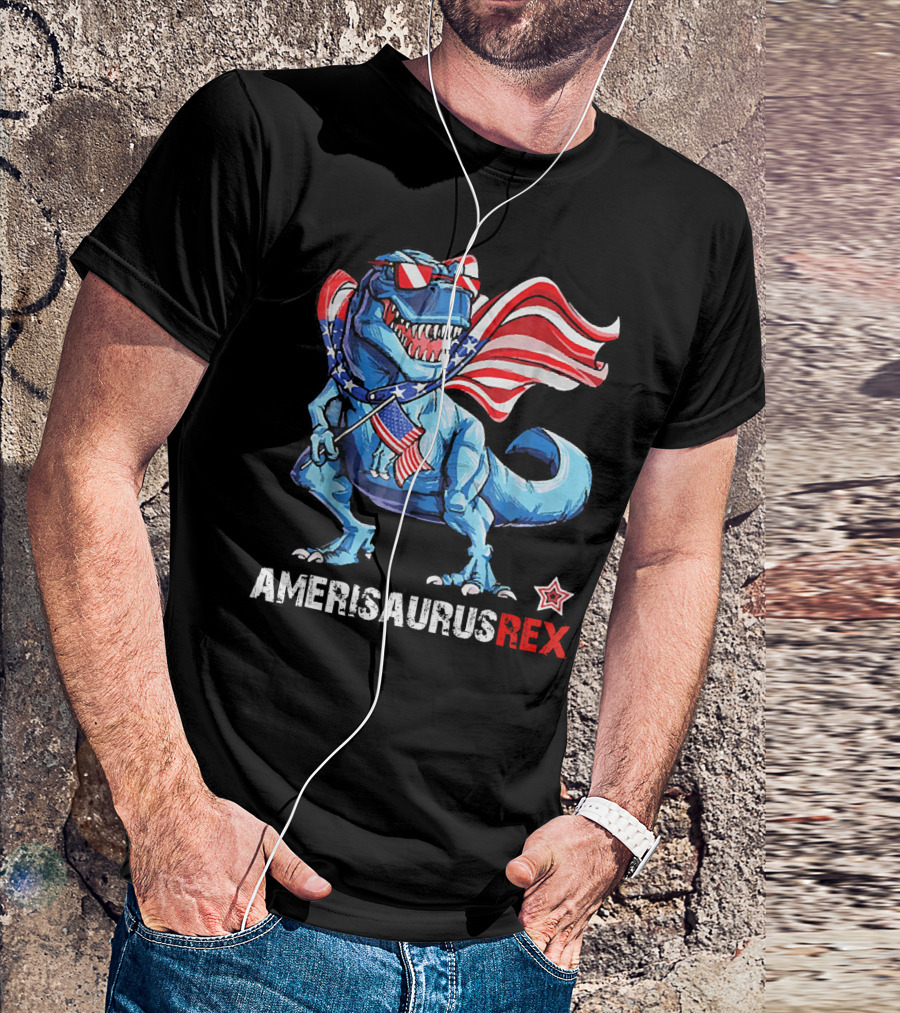 Amerisaurus Rex Patriotic Dinosaur With USA Flag And Stars T-Shirt